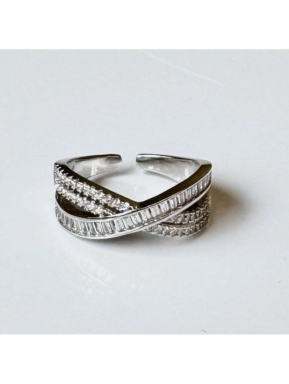 Silver Tone Baguette CZ Criss Cross Statement Ring, Adjustable